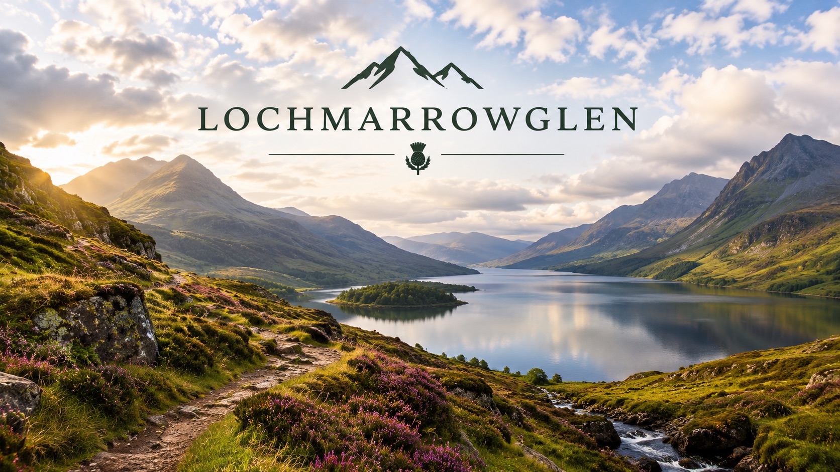 Lochmarrowglen: a Highland loch at sunrise with a hiking trail and heather in the foreground